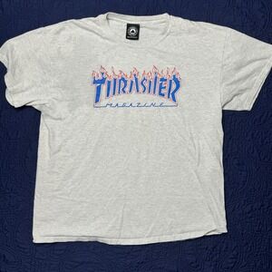 Thrasher Magazine Flame Logo T Shirt Grey‎ Men's Size Large Distressed. Y2K